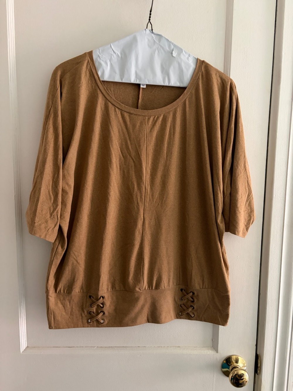 Luxology Scoop Neck Short Sleeve Tunic in Tan with Lace-Up Hem